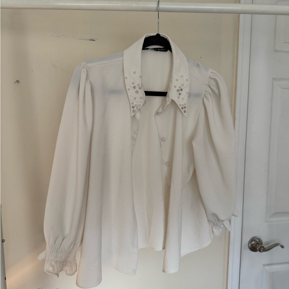 Zara White Boxy Blouse with Embellished Dress Shirt Collar